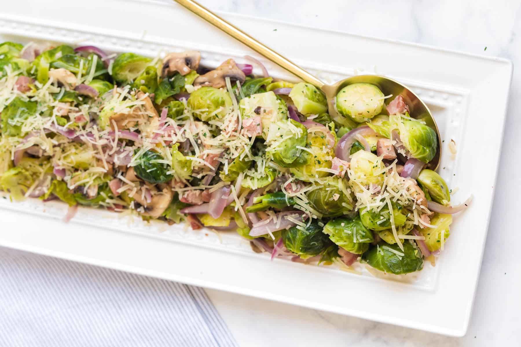 Brussel sprouts lemon pancettta on a serving dish