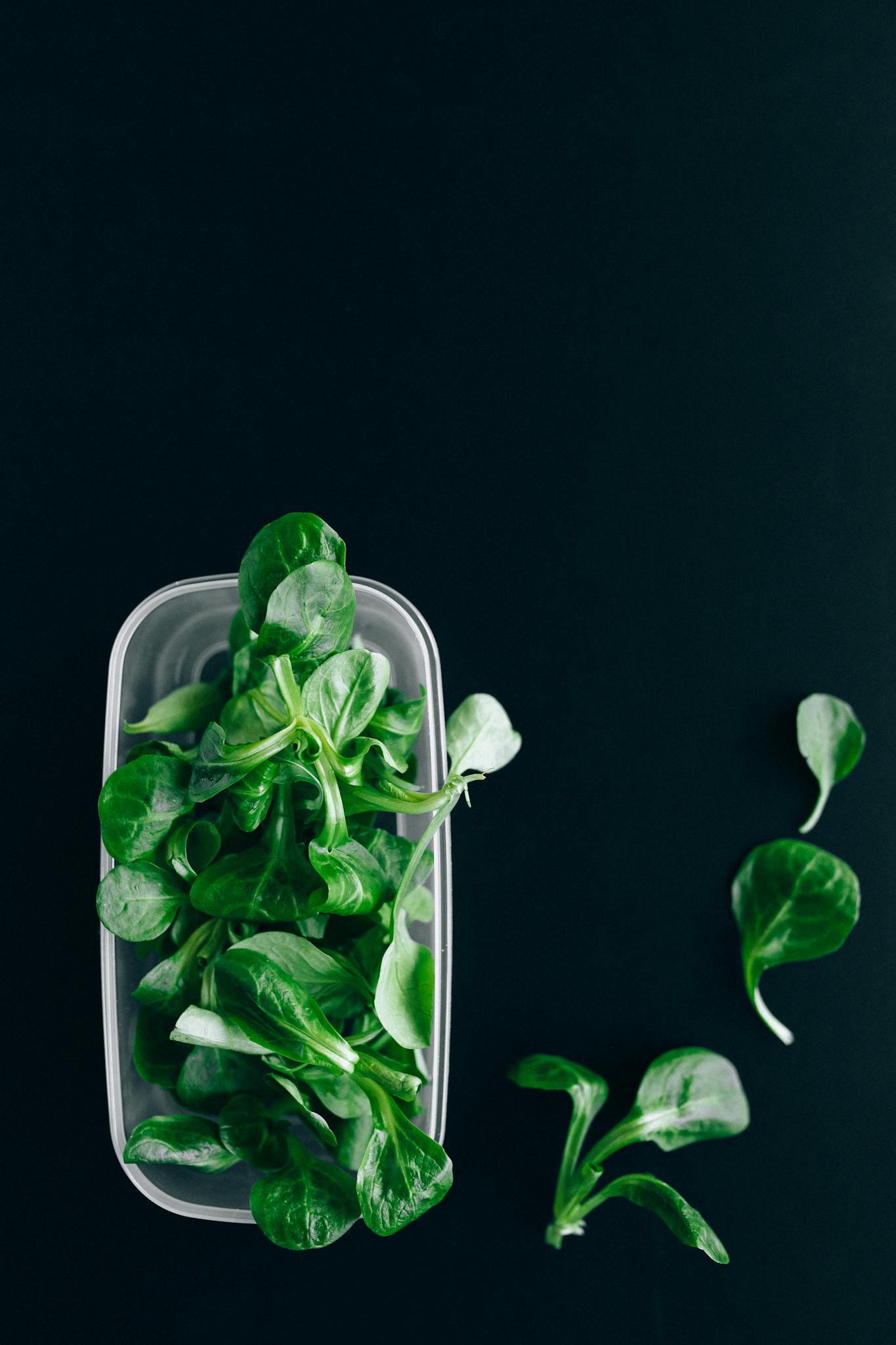Fresh green leafy vegetables in a clear plastic container on a black background.