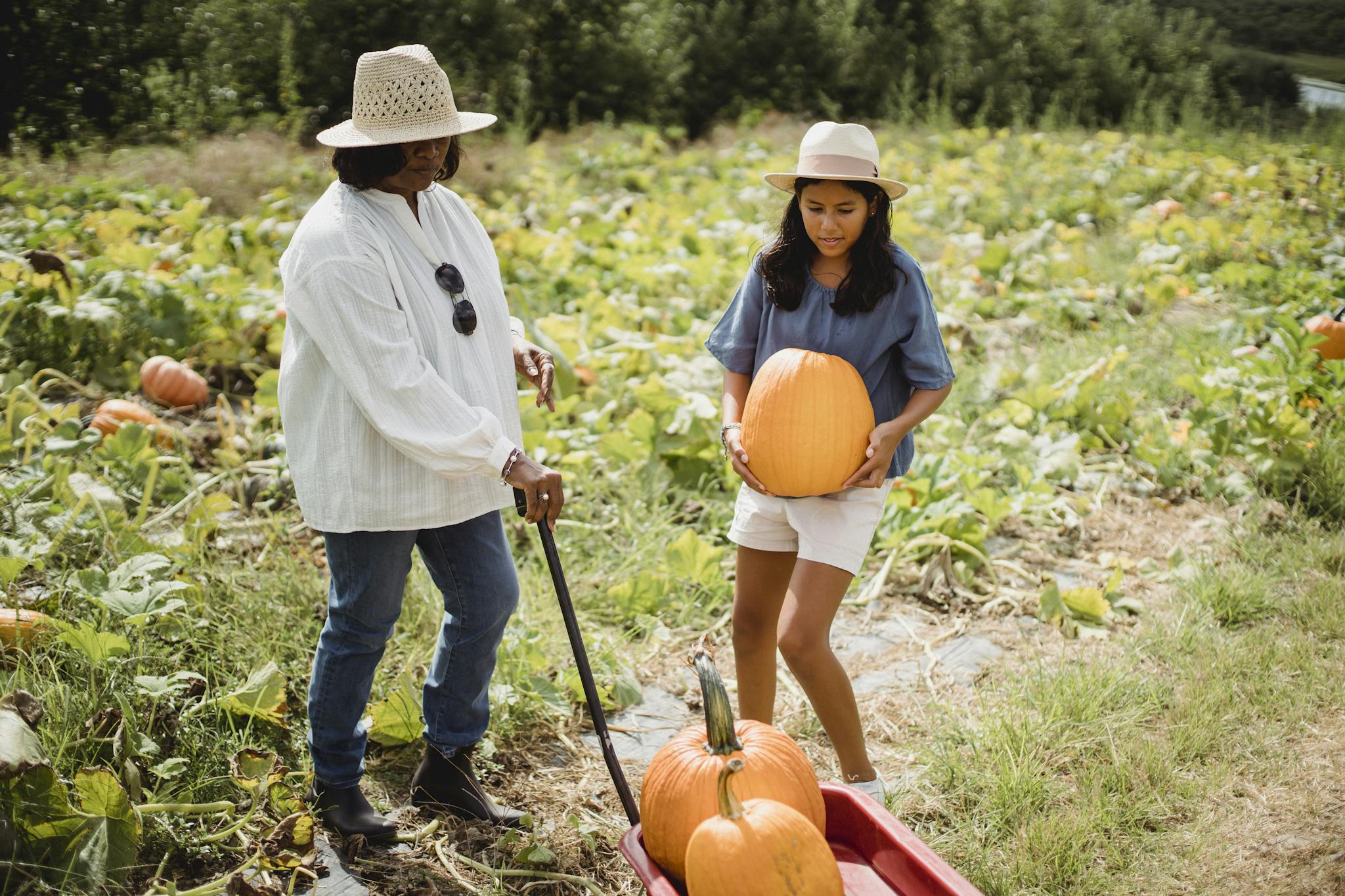 Full body of female farmer holding cart near young girl with pumpkin in rural field